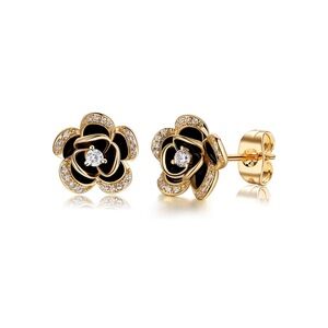 14K Gold Camellia CoCo Flower Sterling Silver Stud Earrings
